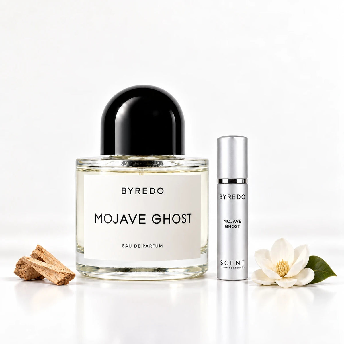 Decant de Mojave Ghost de Byredo con sus notas: magnolia, sándalo y madera de cedro