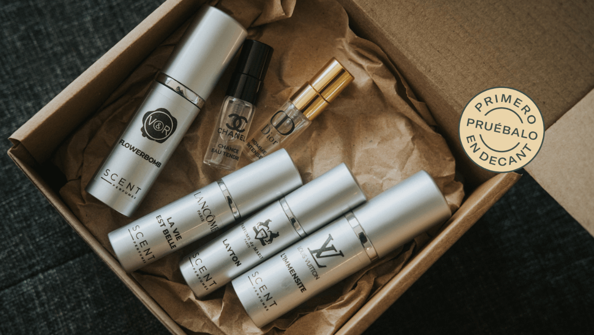 Caja de perfumes de lujo en prueba con opción de decant.