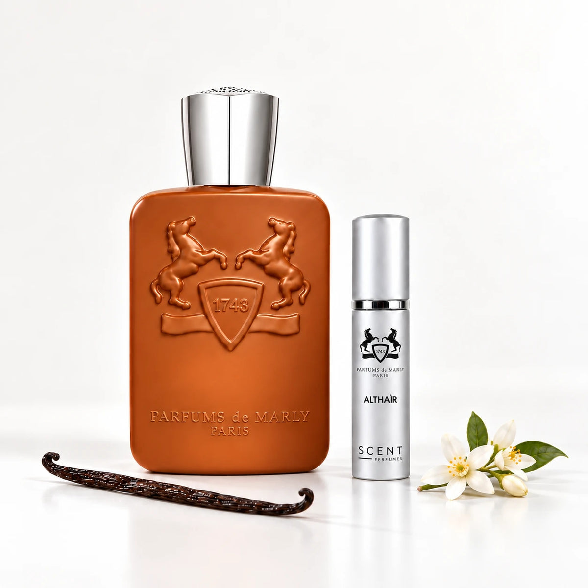 Decant de Althaïr de Parfums de Marly con sus notas: vainilla bourbon y azahar