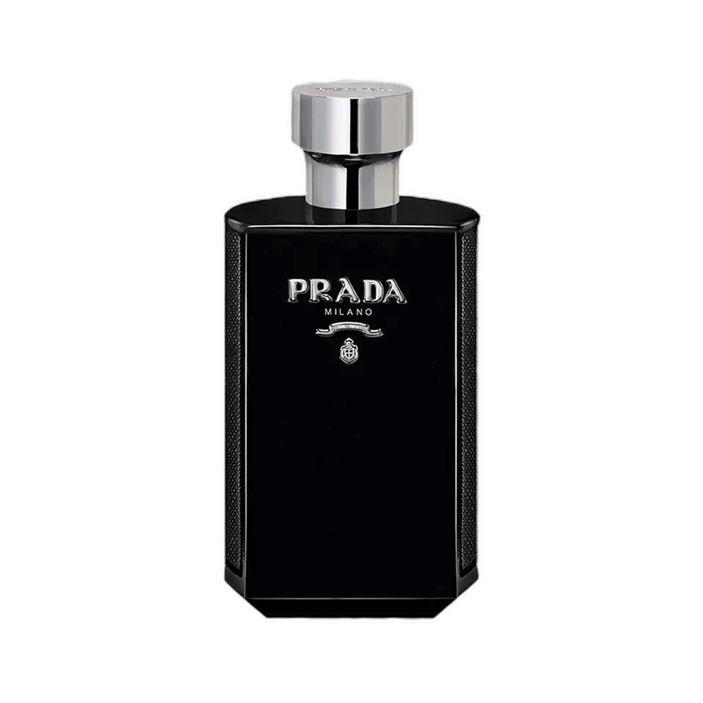 Perfume Prada Milano color negro con tapa plateada, original y elegante, disponible con envío gratuito en pedidos mayores a $1700. Decant.