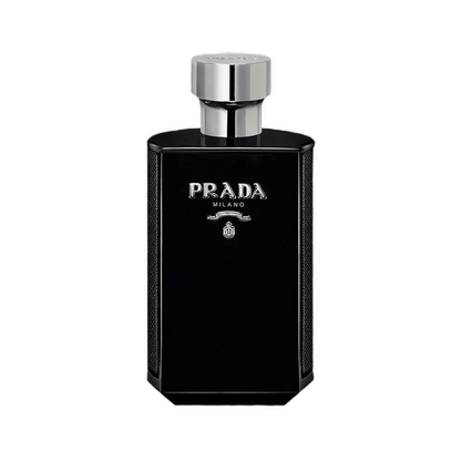 Perfume Prada Milano color negro con tapa plateada, original y elegante, disponible con envío gratuito en pedidos mayores a $1700. Decant.